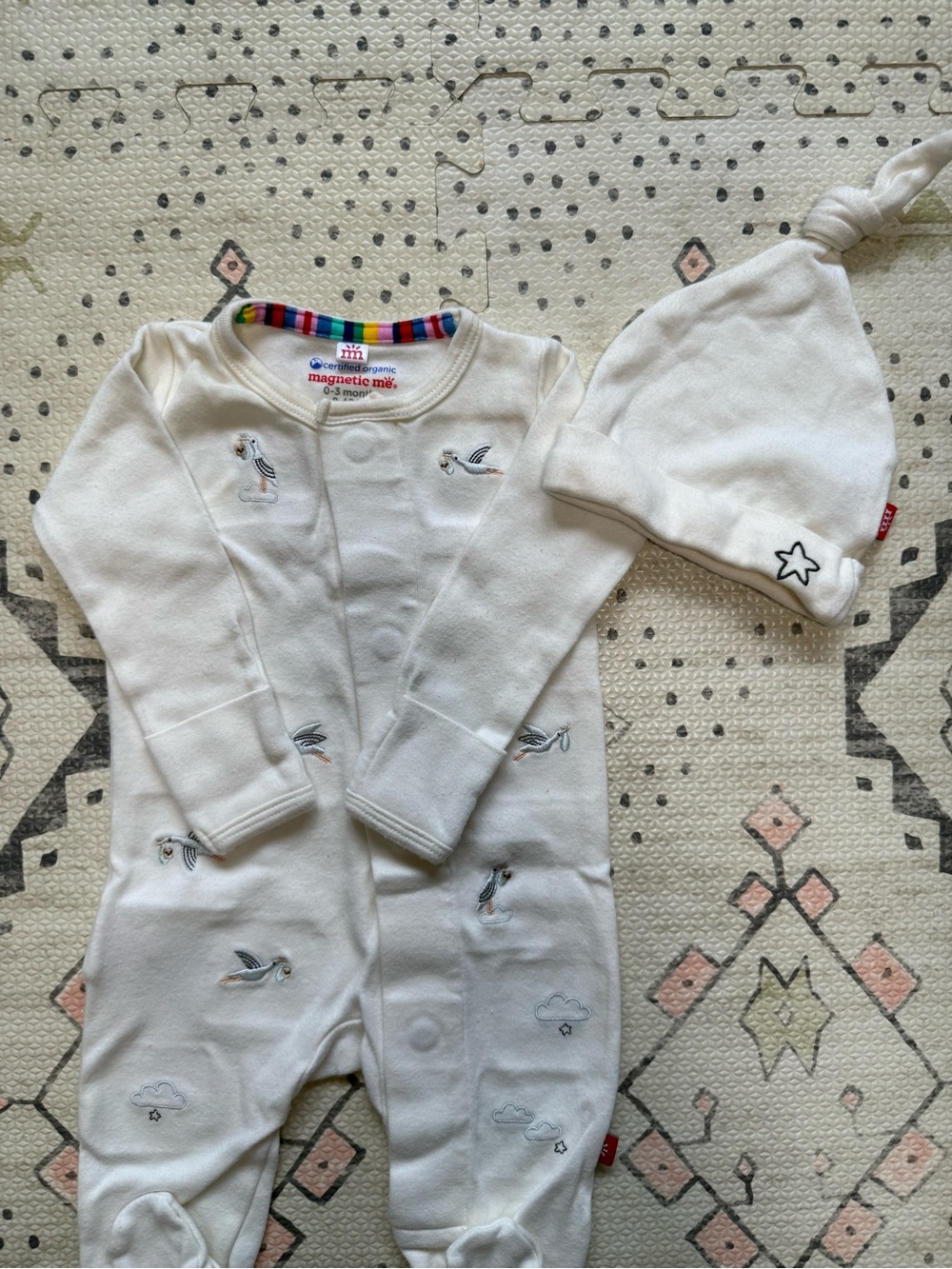 Magnetic Me Cream One-Piece Footie with Hat - Bird & Cloud Embroidery